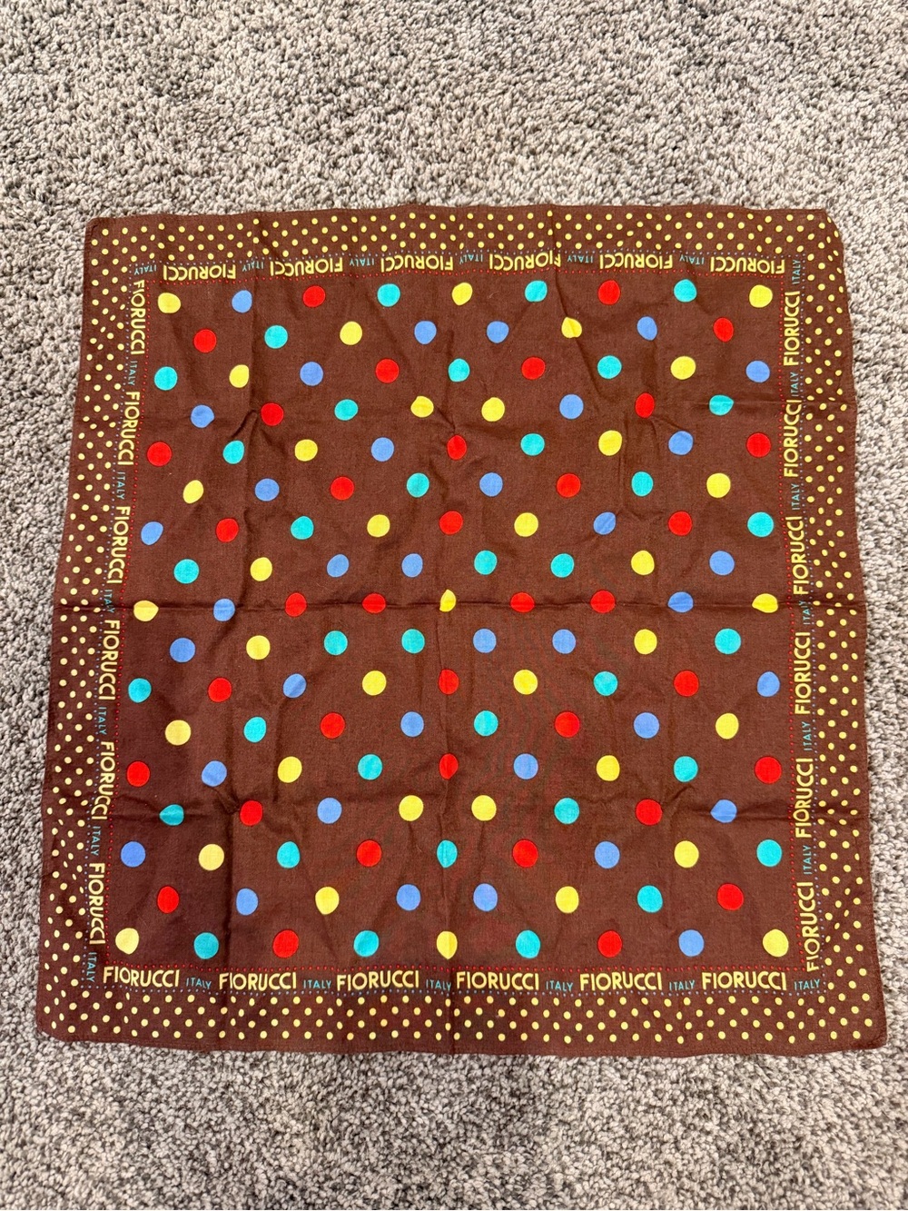 Vintage Fiorucci Brown Handkerchief with Red, Yellow, Blue & Green Polka Dots